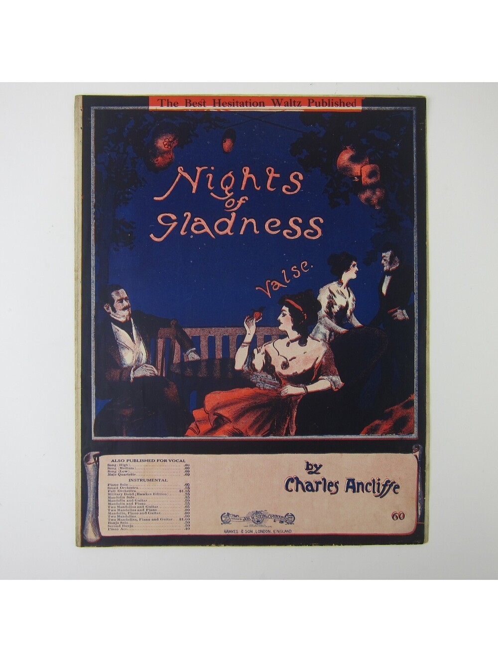 Sheet Music Nights of Gladness Valse Piano Charles Antcliffe Antique 1912